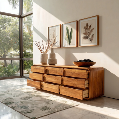 Modern credenza cabinet with integrated drawers and sculpted rounded edge silhouette