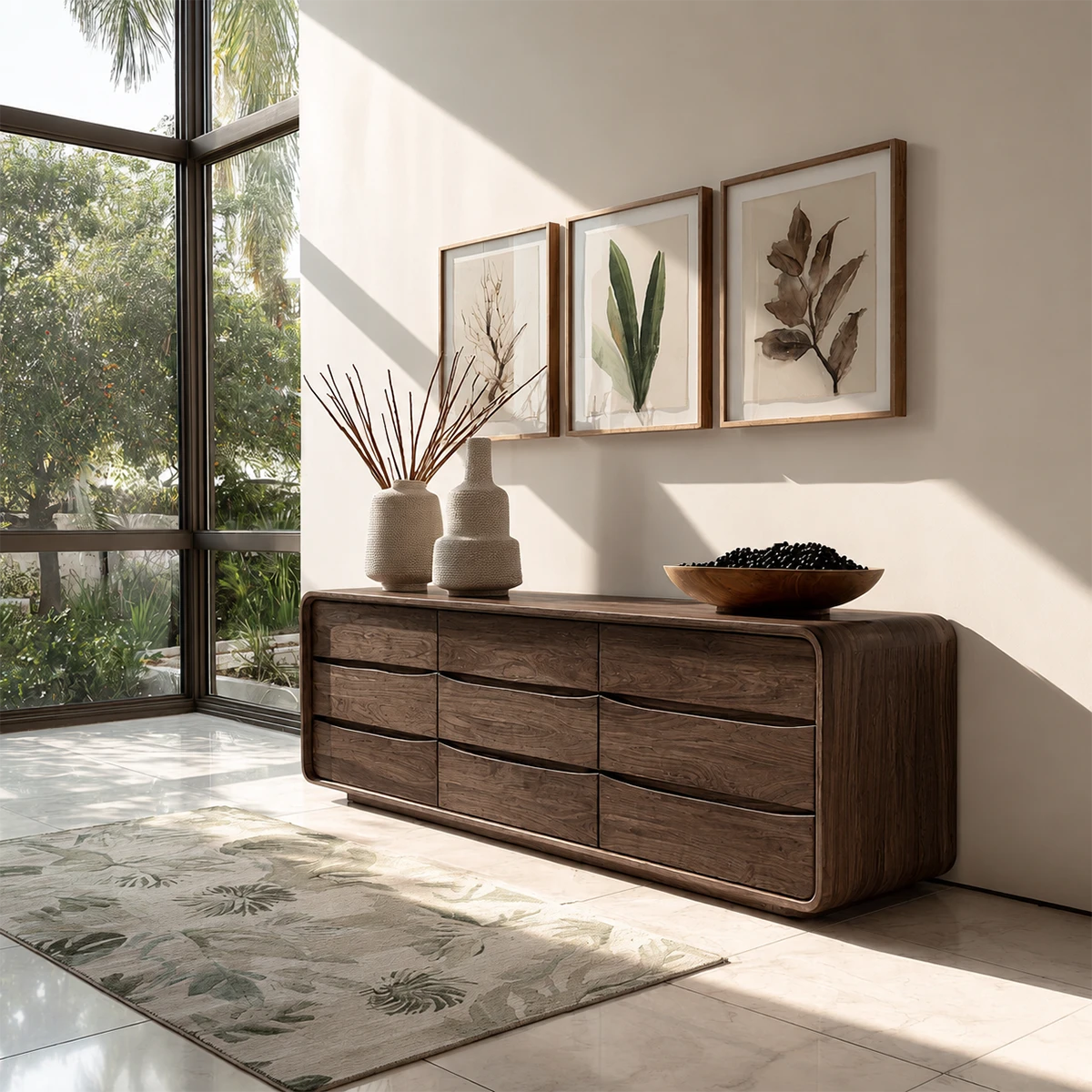 Contemporary buffet console with streamlined drawer layout and warm minimalist styling