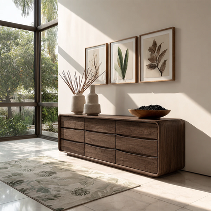 Contemporary buffet console with streamlined drawer layout and warm minimalist styling