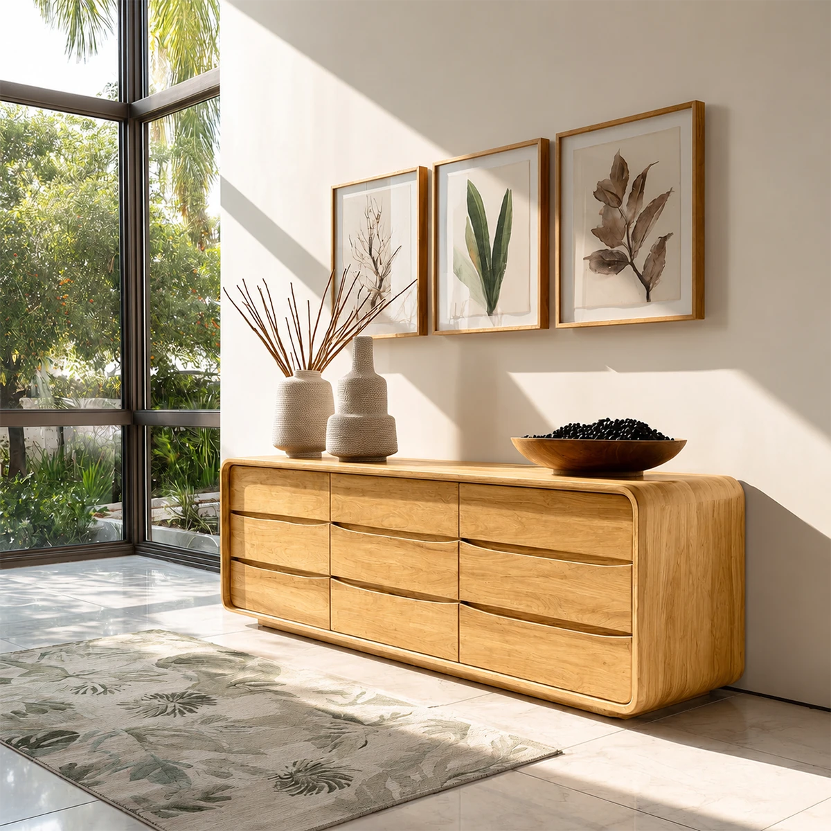Refined storage cabinet with rounded profile and spacious hidden drawer compartments