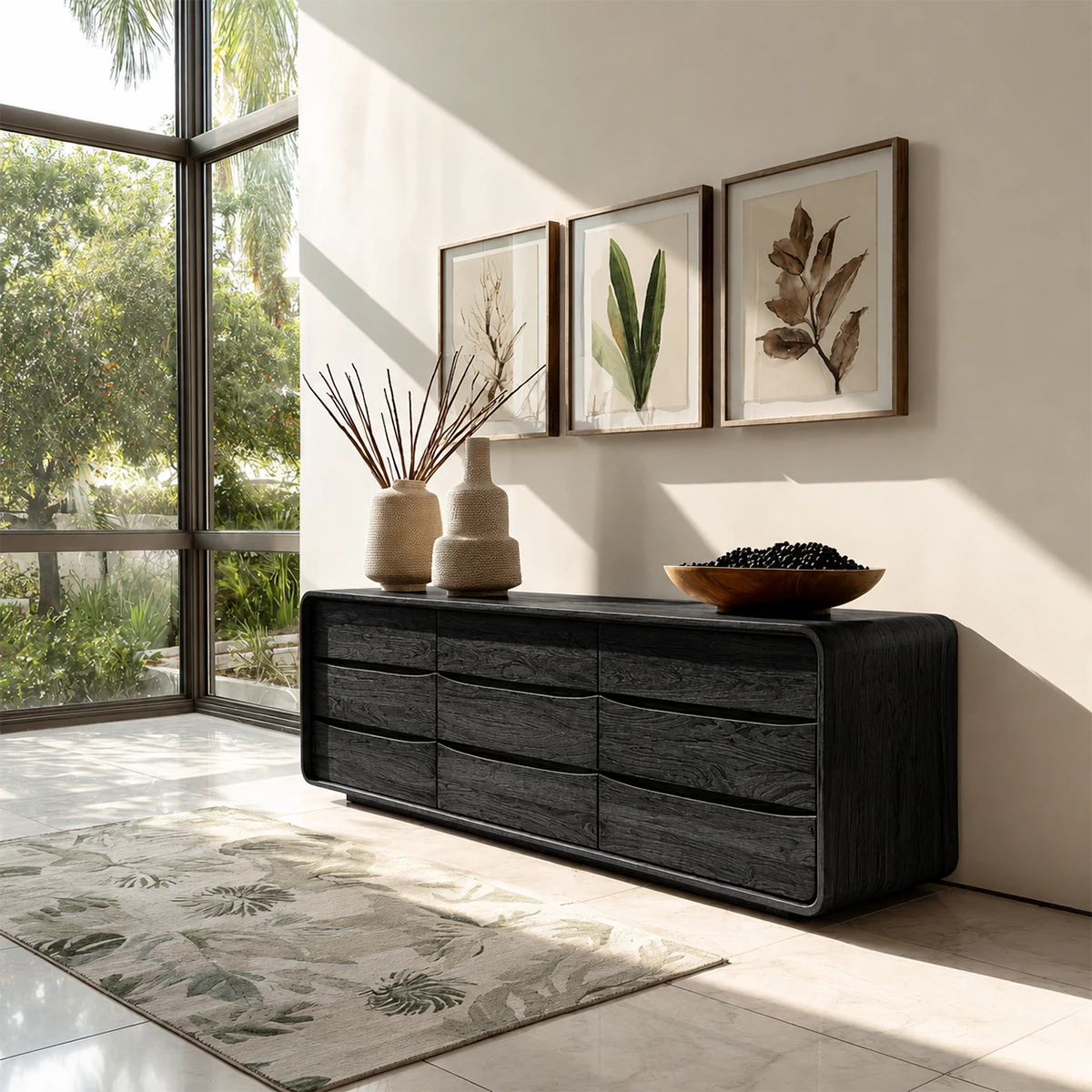 Modern wood credenza featuring soft curved edges and practical storage functionality