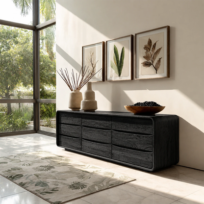 Modern wood credenza featuring soft curved edges and practical storage functionality