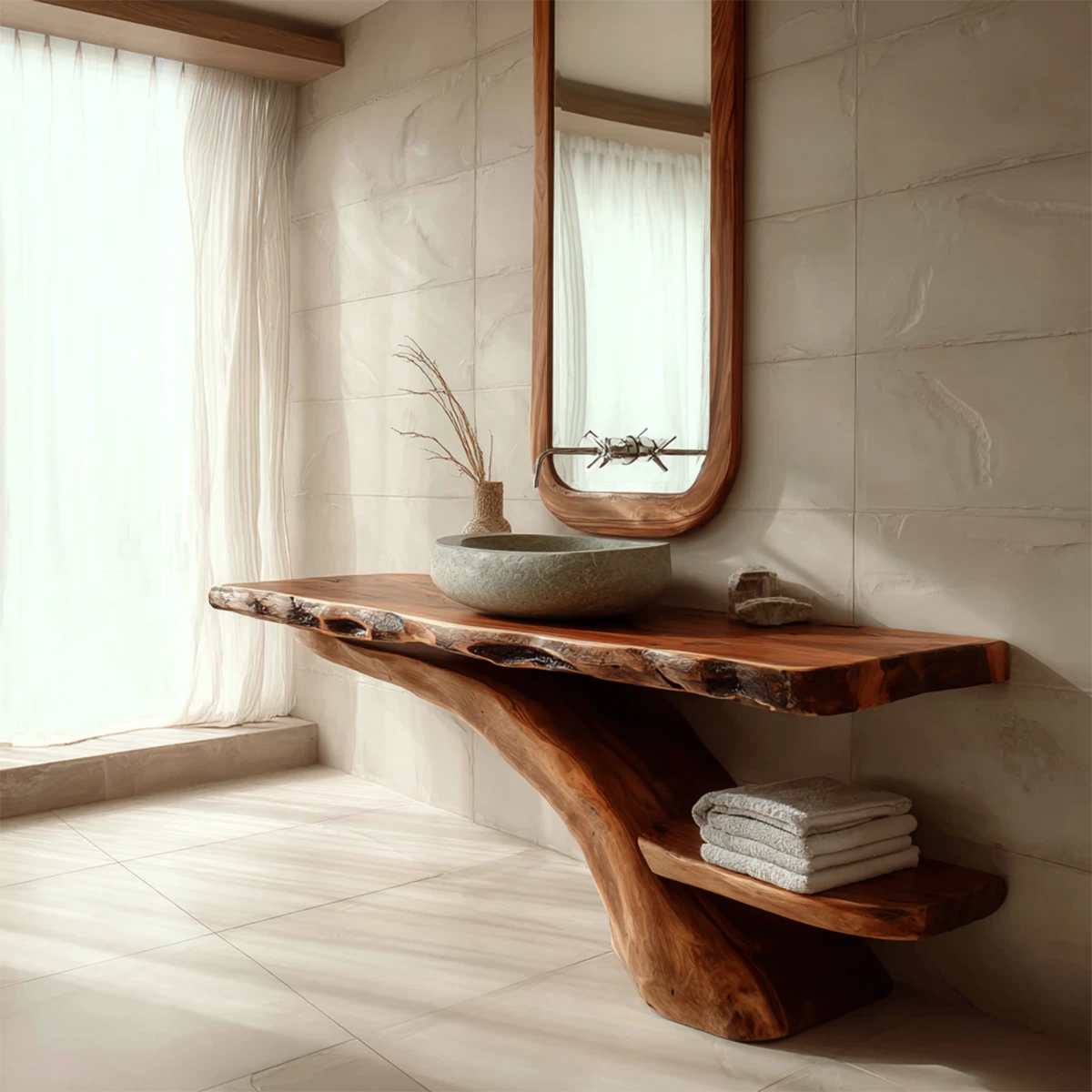 Modern bathroom with brown wood bathroom vanity and stone vessel sink.