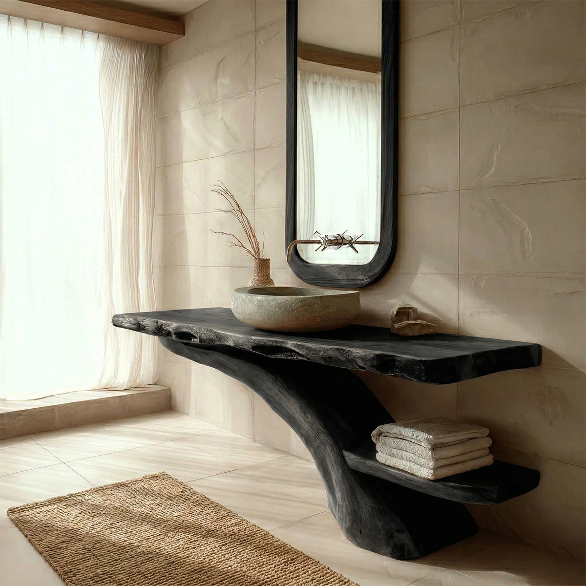 Stylish interior with brown wood bathroom vanity and floating shelf.