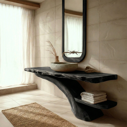 Stylish interior with brown wood bathroom vanity and floating shelf.