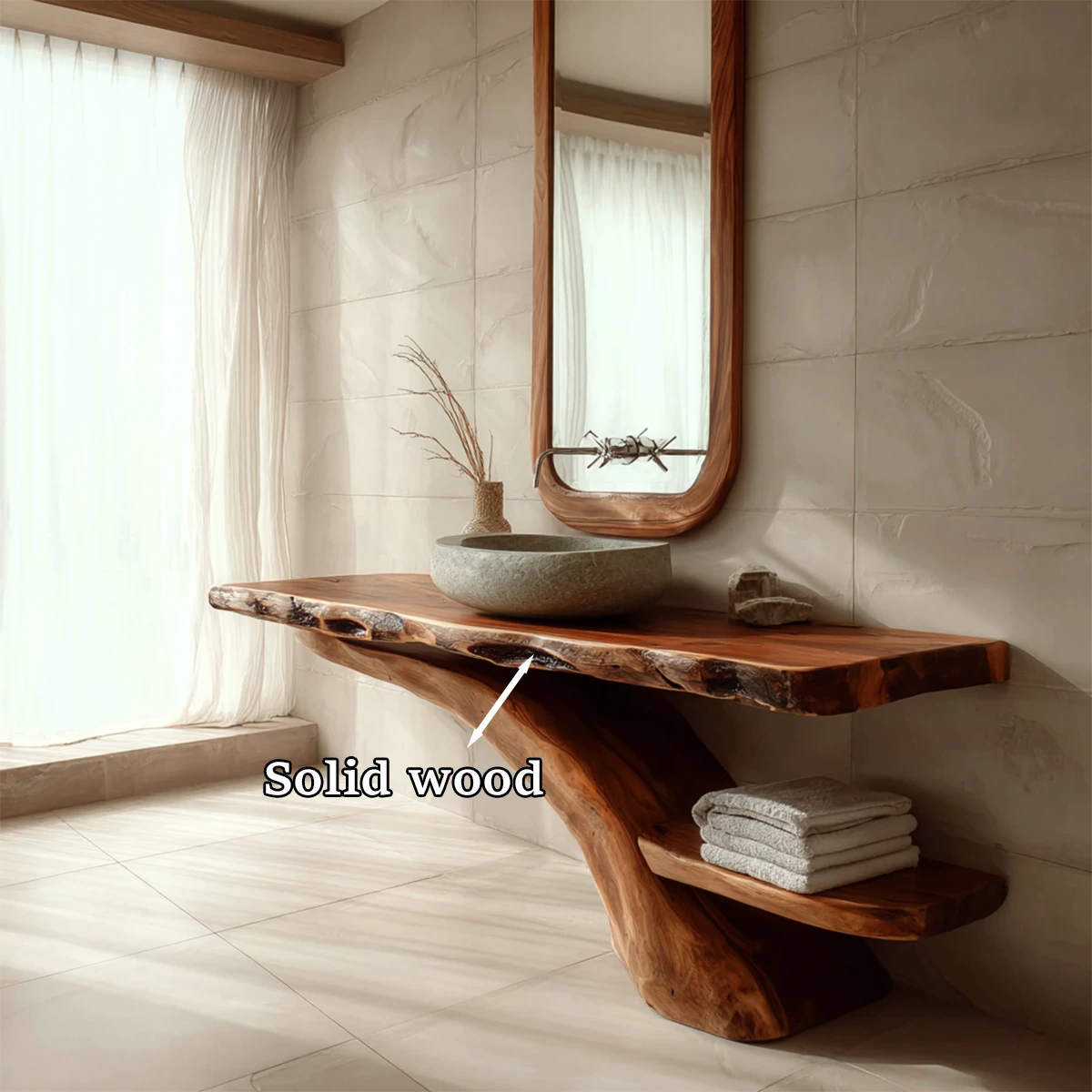 Contemporary bathroom setup with brown wood bathroom vanity and decor.