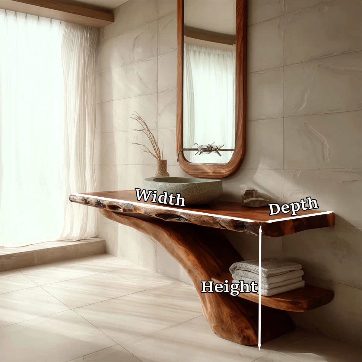 Minimalist bathroom with brown wood bathroom vanity and natural light.