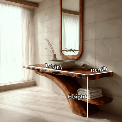 Minimalist bathroom with brown wood bathroom vanity and natural light.