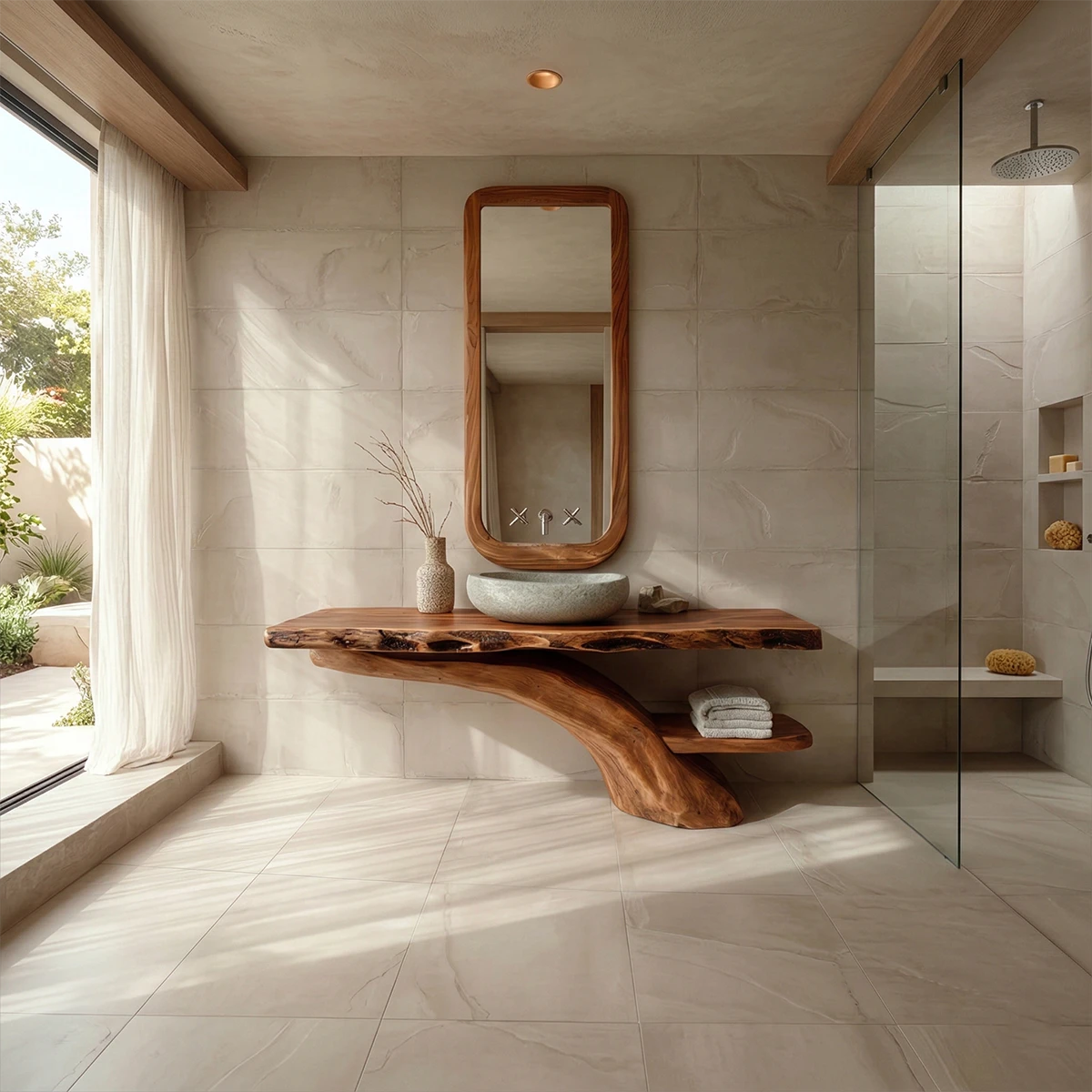 Minimal interior featuring brown wood bathroom vanity with live edge top.