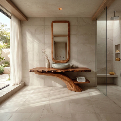 Minimal interior featuring brown wood bathroom vanity with live edge top.