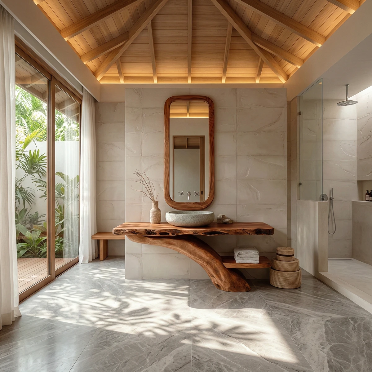 Elegant bathroom with brown wood bathroom vanity and oval mirror.