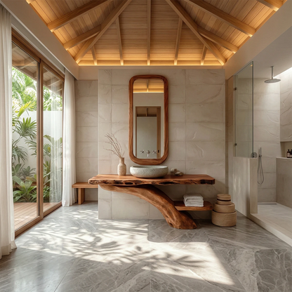 Elegant bathroom with brown wood bathroom vanity and oval mirror.