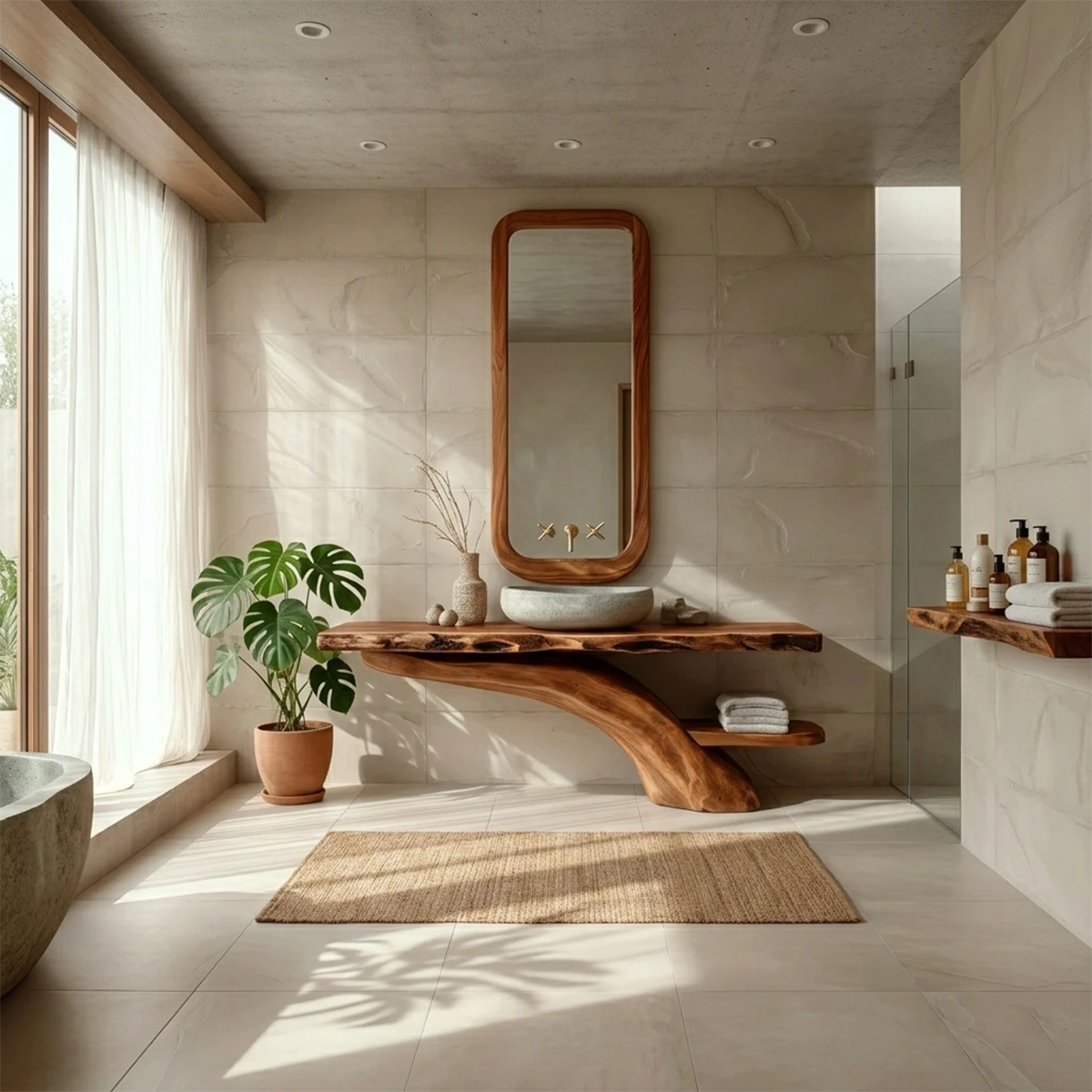 Contemporary space with brown wood bathroom vanity and natural wood grain.