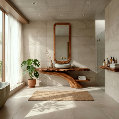 Contemporary space with brown wood bathroom vanity and natural wood grain.