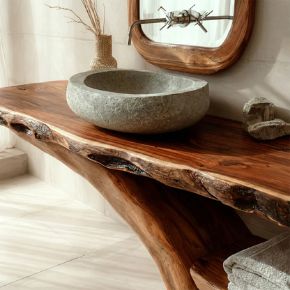 Warm bathroom design with brown wood bathroom vanity and soft daylight.