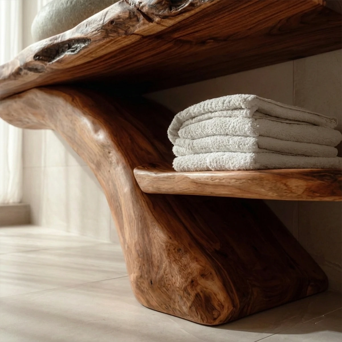 Rustic style bathroom with brown wood bathroom vanity and stone basin.