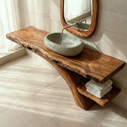 Natural interior with brown wood bathroom vanity and live edge wood.