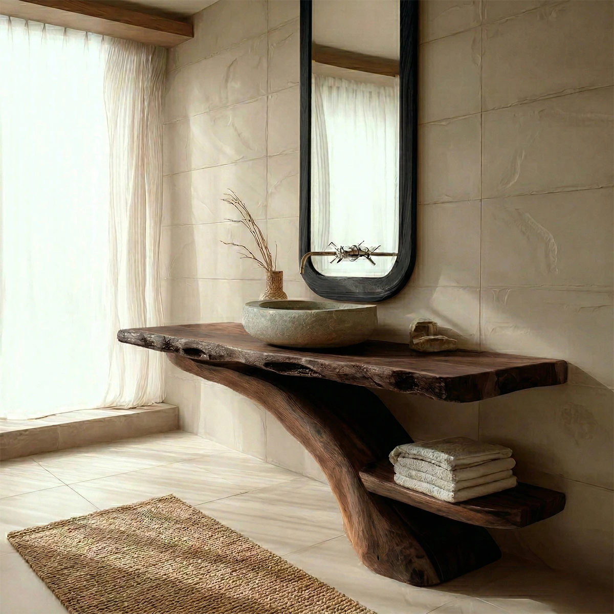 Luxury bathroom featuring brown wood bathroom vanity and vessel sink.