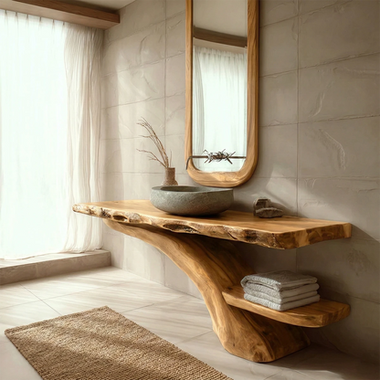 Modern spa bathroom with brown wood bathroom vanity and wood texture.