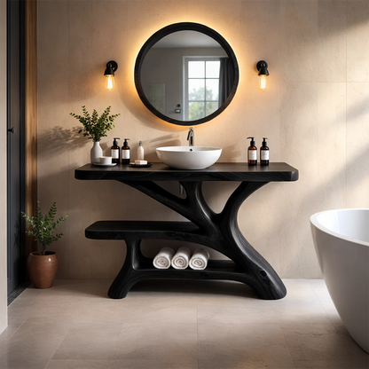 Rustic brown wood vanity with sculptural support