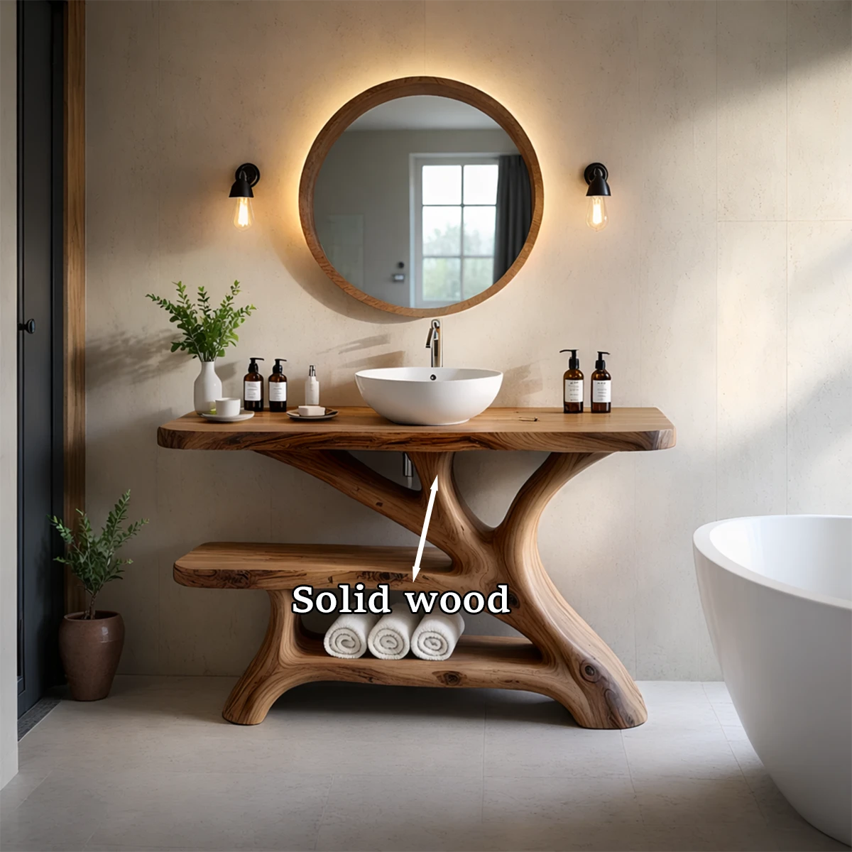 Brown wooden bathroom vanity with natural base design