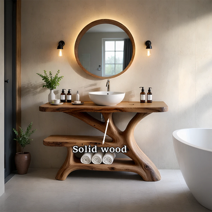 Brown wooden bathroom vanity with natural base design