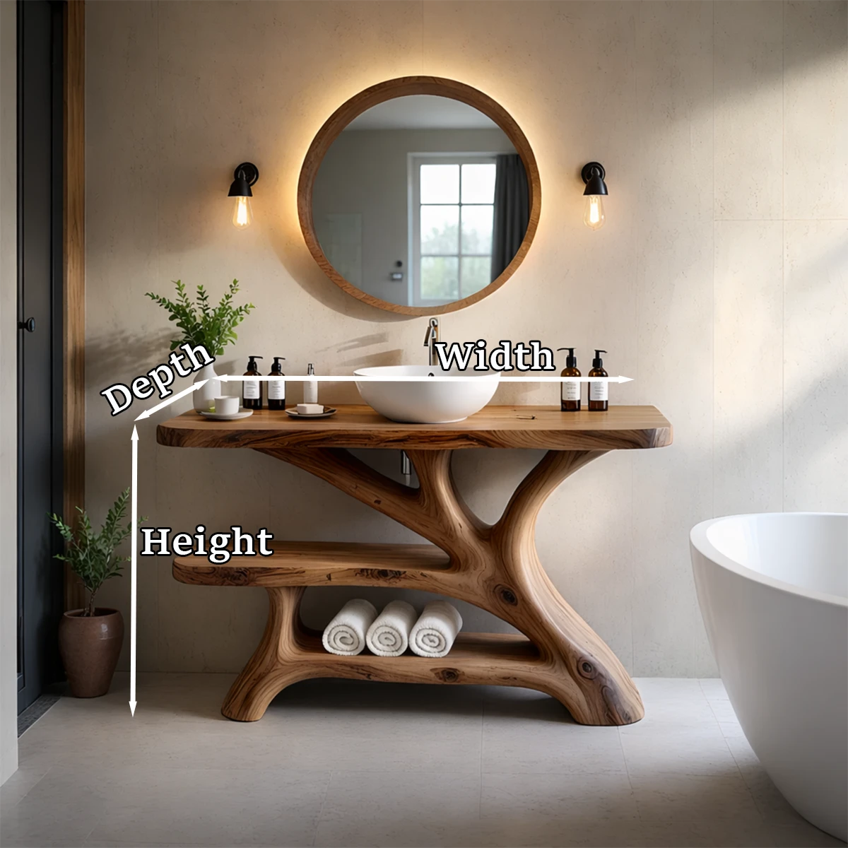 Solid brown wood vanity with organic structure