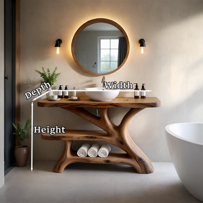 Solid brown wood vanity with organic structure
