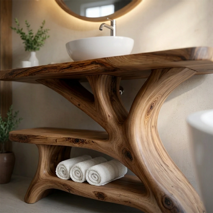 Organic brown wood vanity with open shelf storage