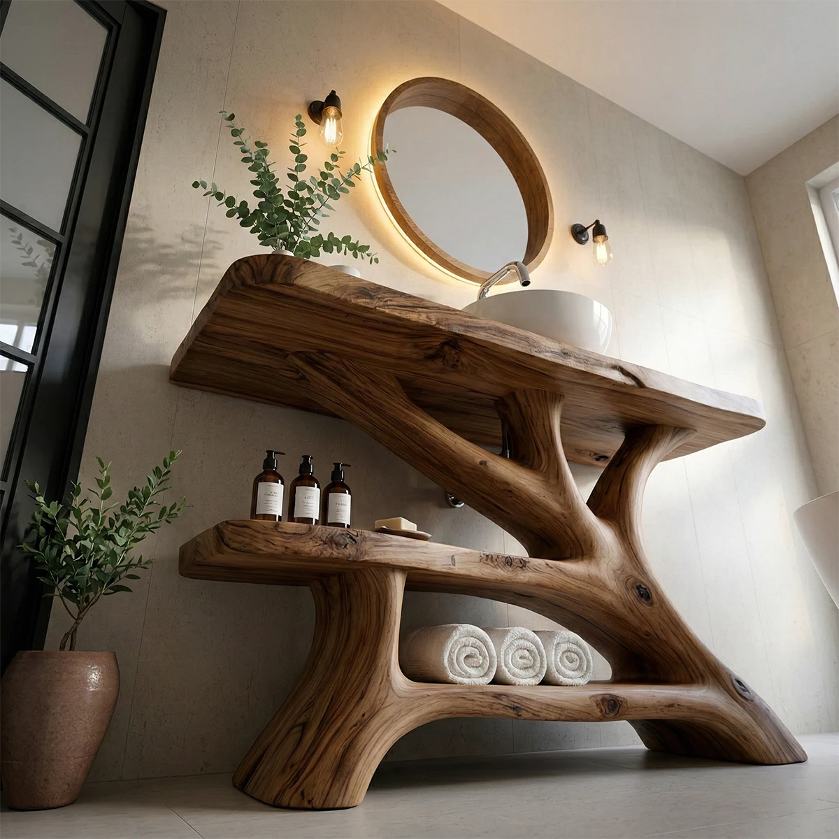 Handcrafted brown wood bathroom vanity with branch base