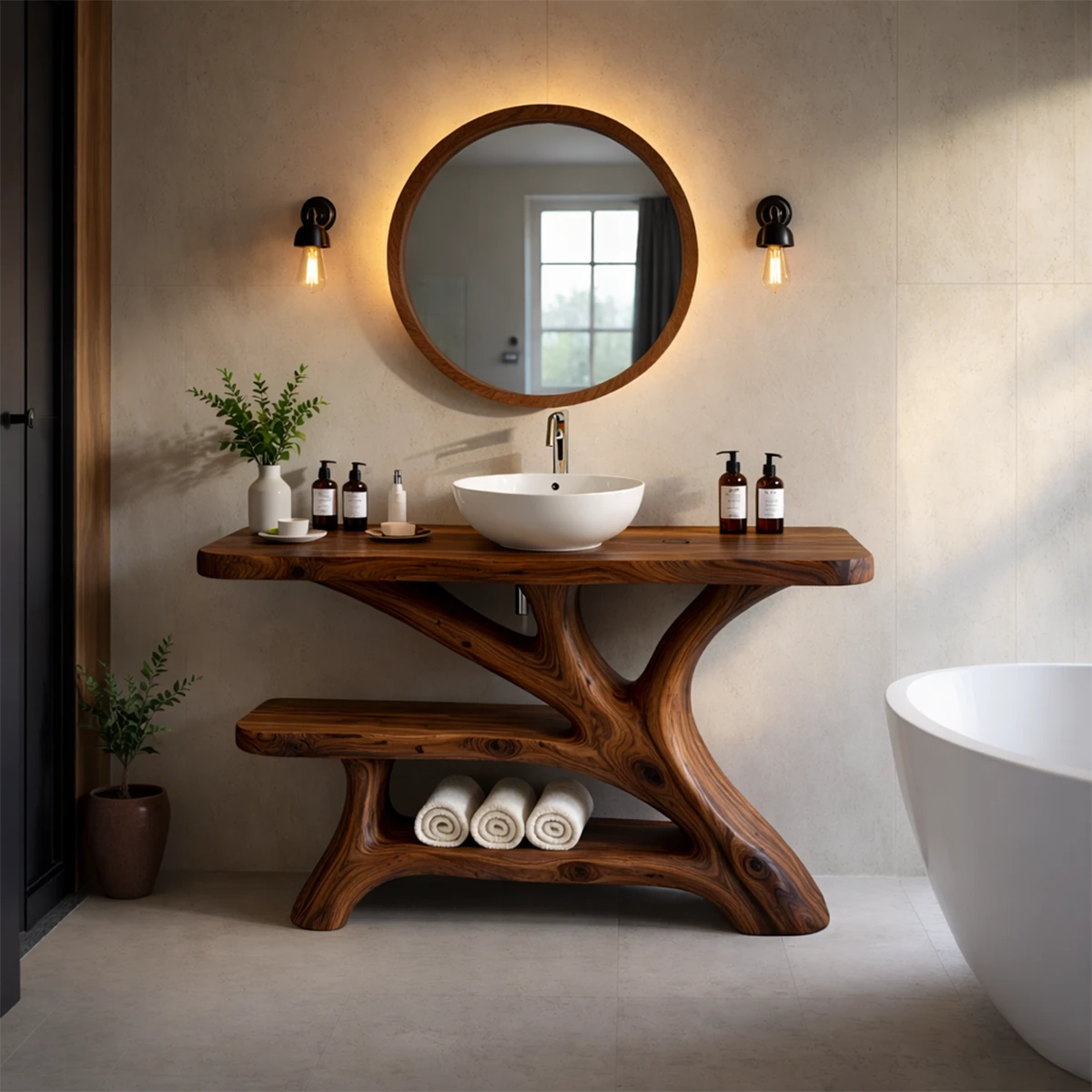 Elegant brown wooden vanity with organic shelf base