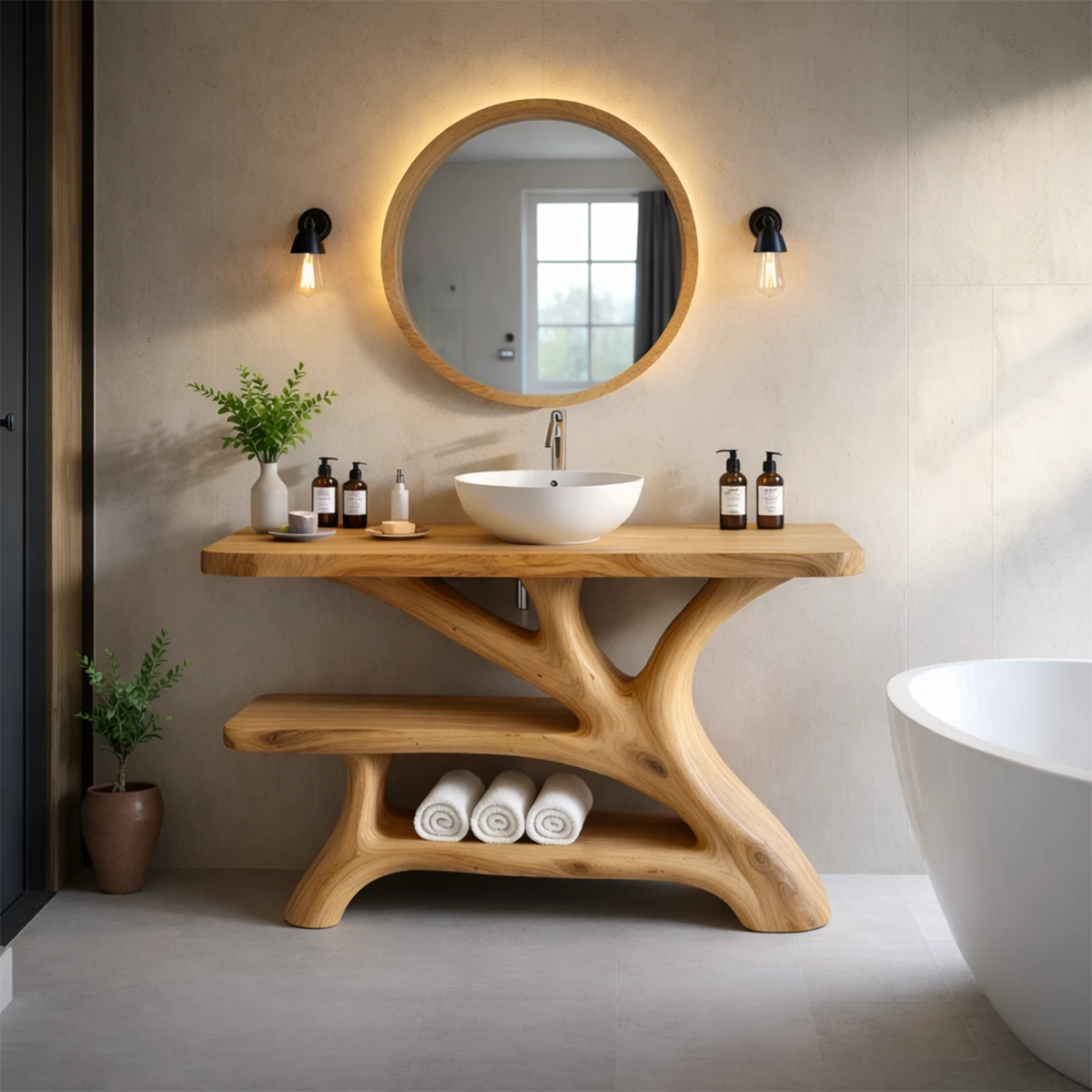 Unique brown wood bathroom vanity with flowing legs
