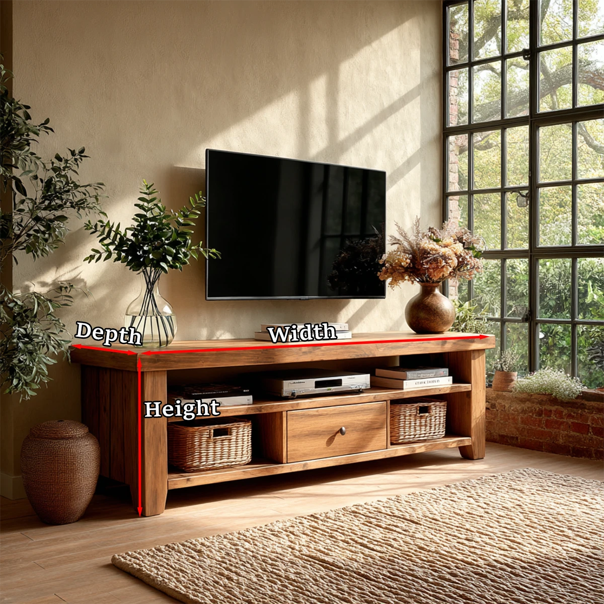 Inviting living room design with low TV stand and open shelving for storage baskets