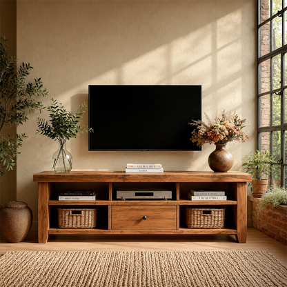 Wooden TV stand with a television, books, and decorative items in a room with natural light.