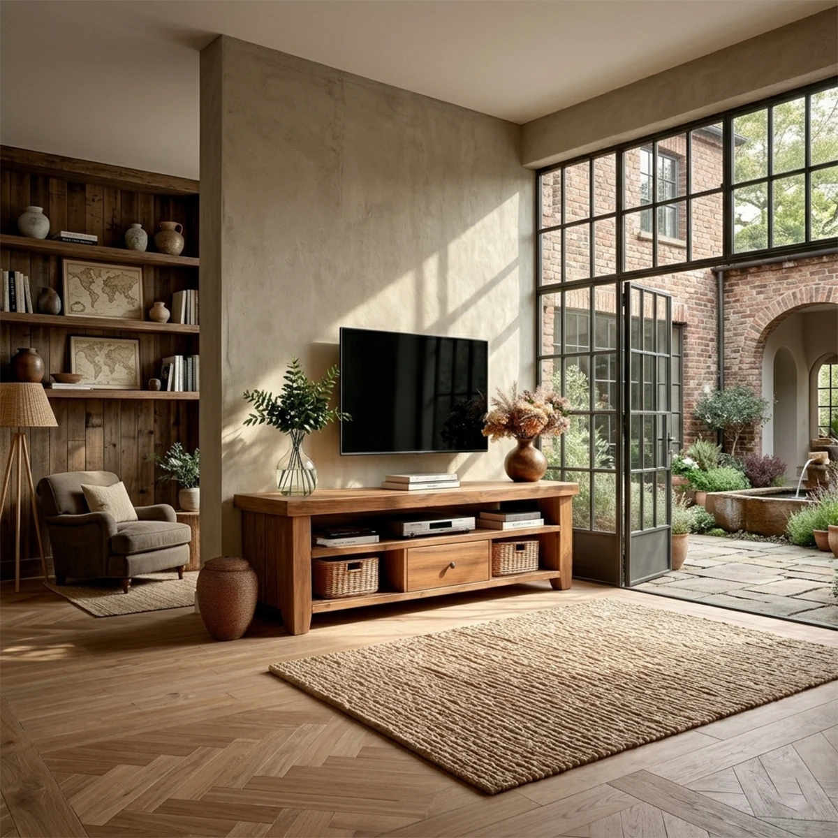 Cozy living room setup with wooden TV cabinet featuring baskets and open storage space