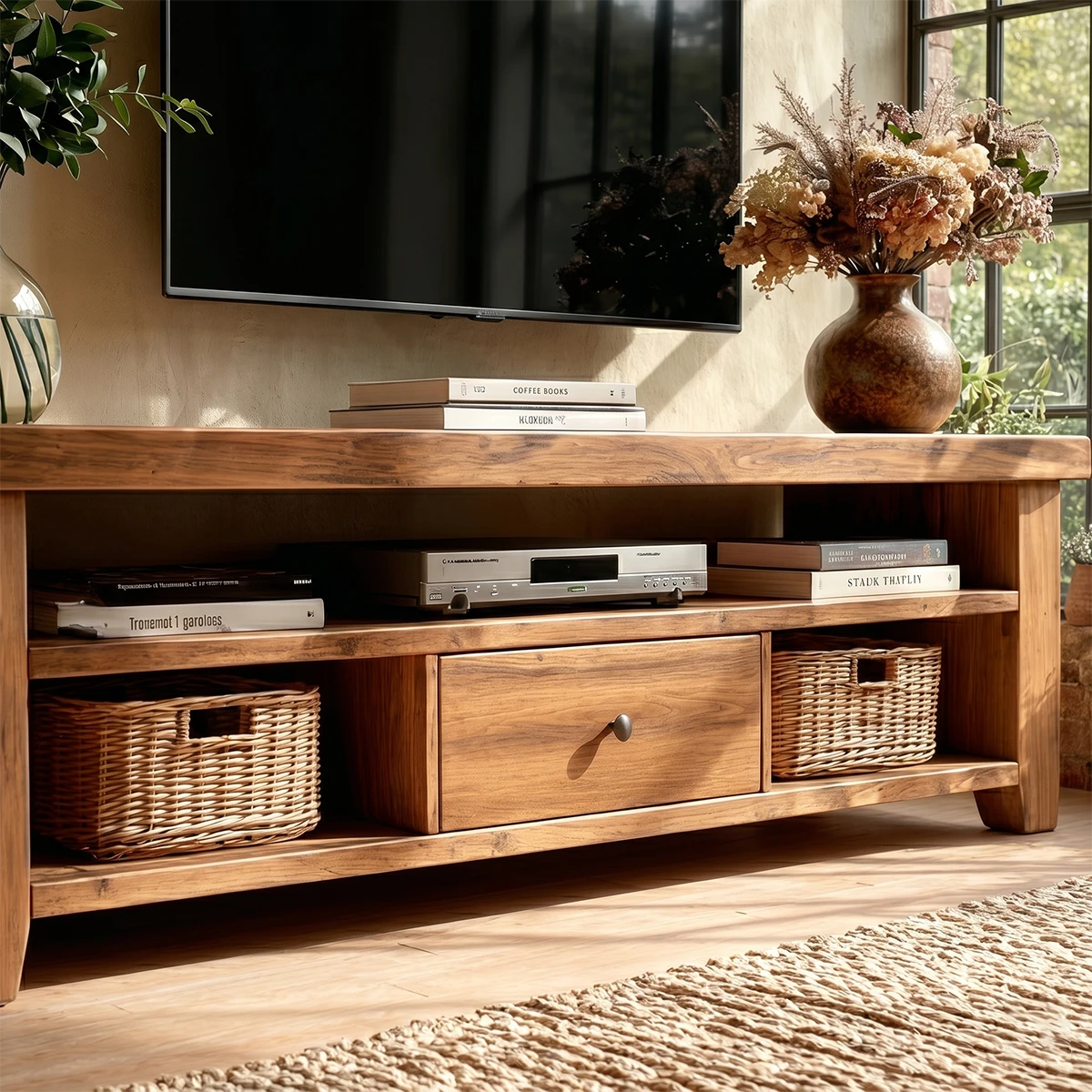Warm interior styled with low TV unit and woven basket storage under shelf design