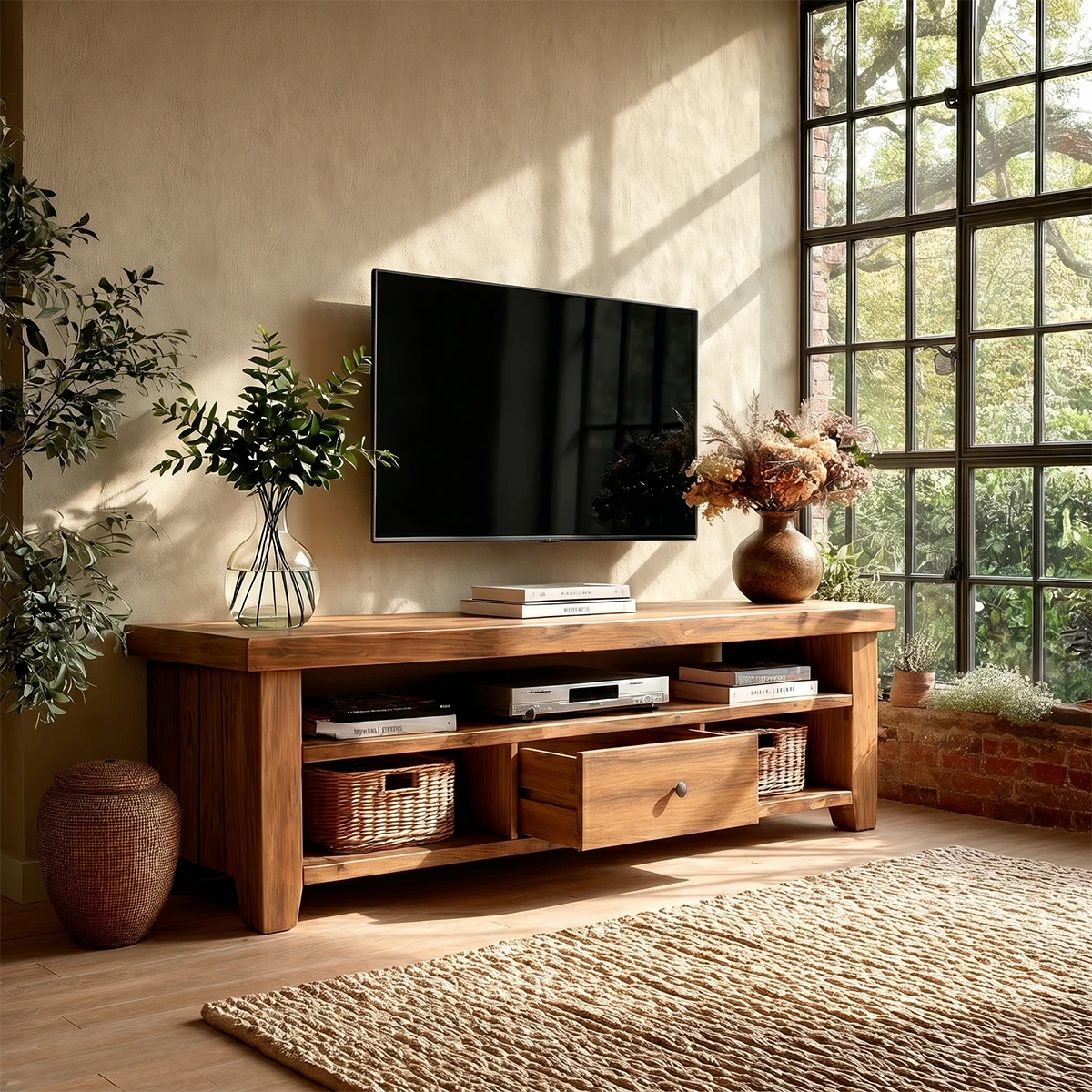 Traditional style TV stand with practical shelving and natural wood tone in home setting
