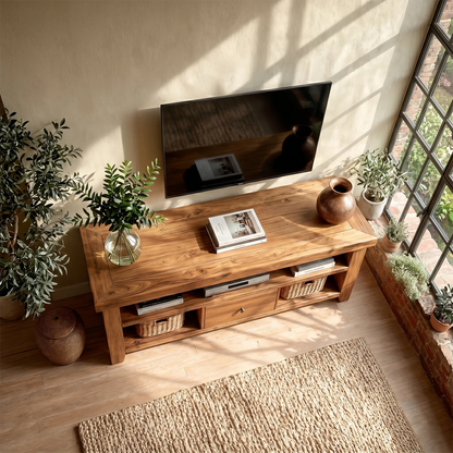 Comfortable living space with wooden media unit and basket storage compartments