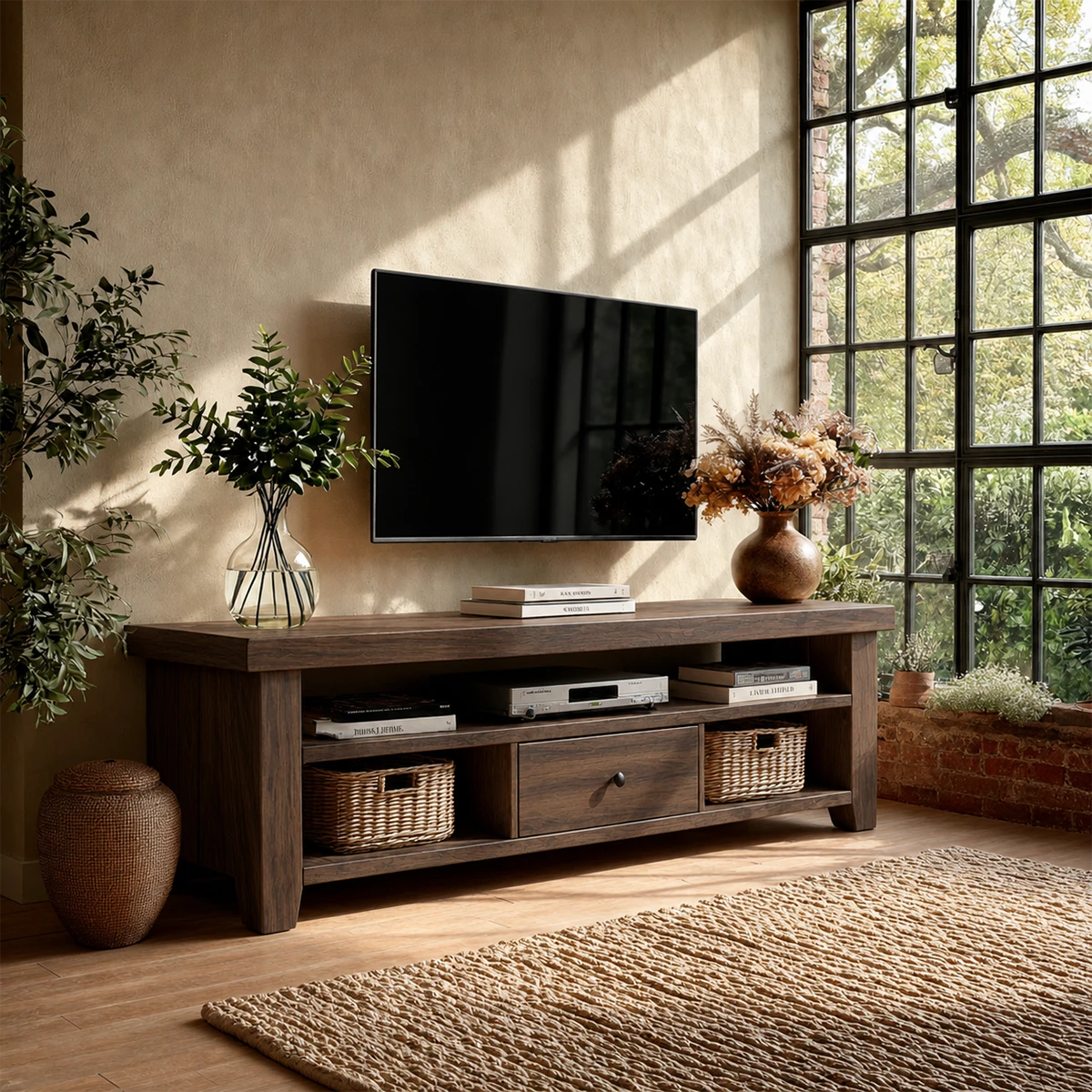 Natural inspired TV cabinet with open display shelves and woven storage baskets