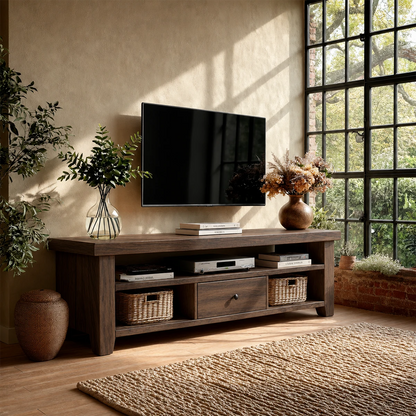 Natural inspired TV cabinet with open display shelves and woven storage baskets