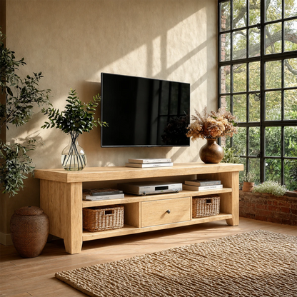 Earthy tone living room featuring TV console with functional open storage layout