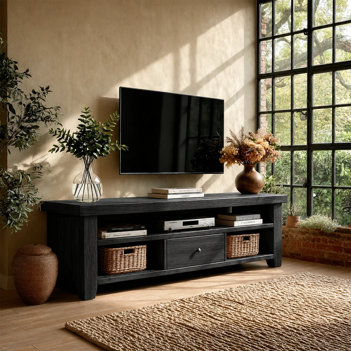 Classic wooden TV unit with storage baskets and display shelf in relaxed interior