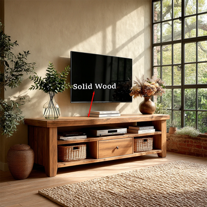 Homey media console with organized compartments and natural wood appearance