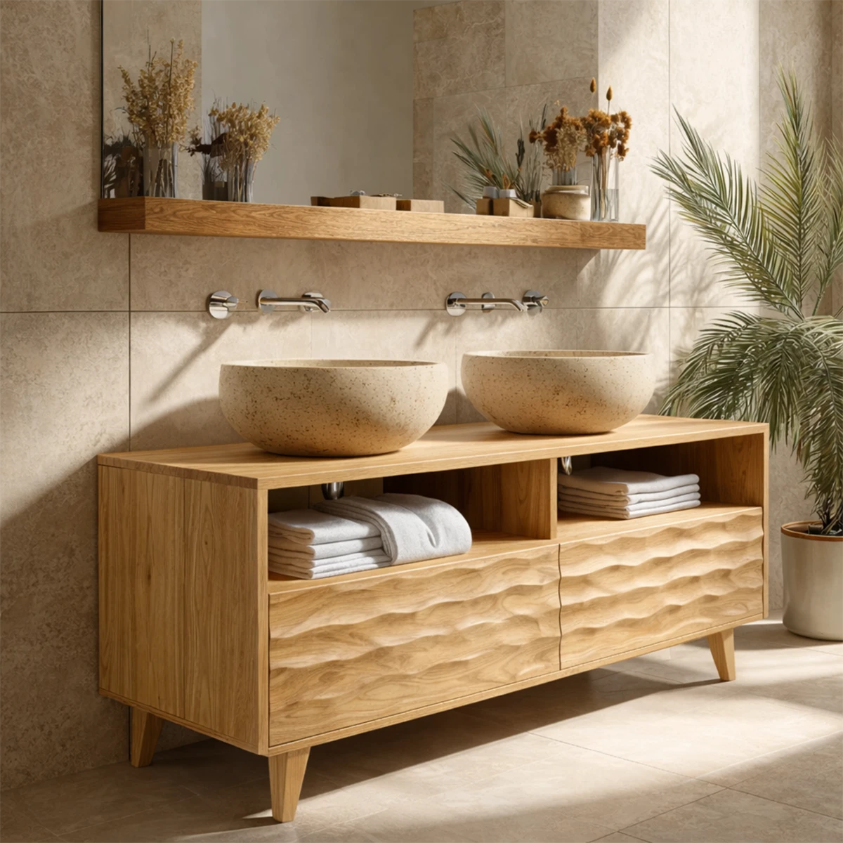 Luxury walnut double bathroom vanity with carved wood front design