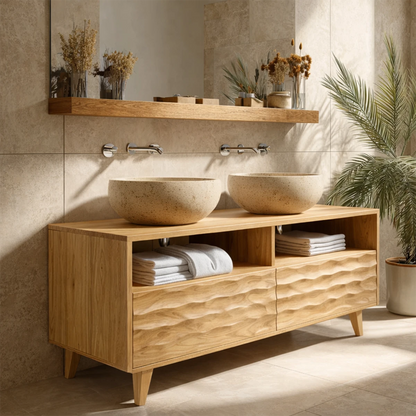 Luxury walnut double bathroom vanity with carved wood front design