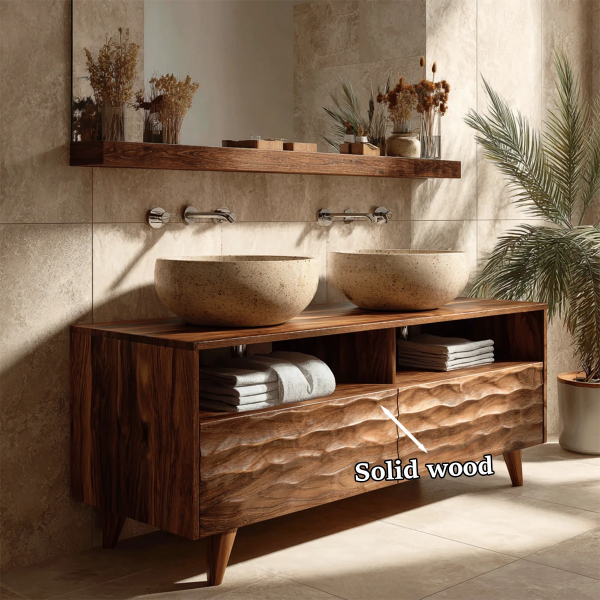 Walnut double bathroom vanity with decorative carved wooden panels