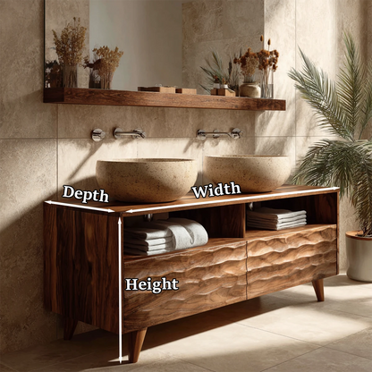 Stylish walnut double bathroom vanity with natural stone vessel basins