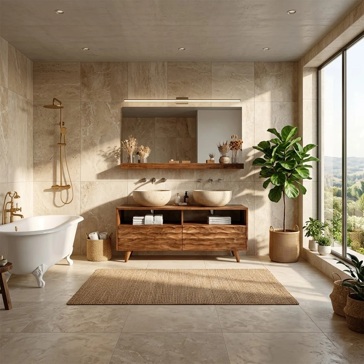 Rustic walnut bathroom vanity with textured carved wood doors