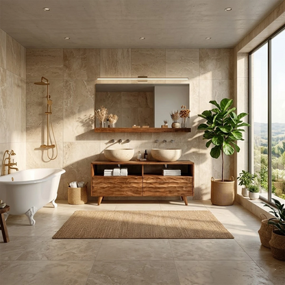 Rustic walnut bathroom vanity with textured carved wood doors