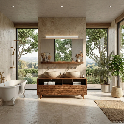 Solid walnut double bathroom vanity with open towel storage